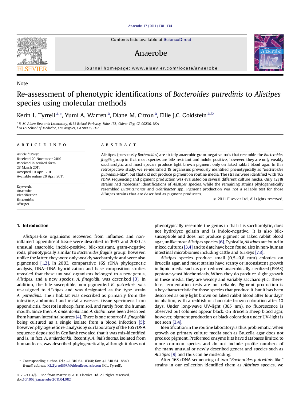 Re-assessment of phenotypic identifications of Bacteroides putredinis to Alistipes species using molecular methods