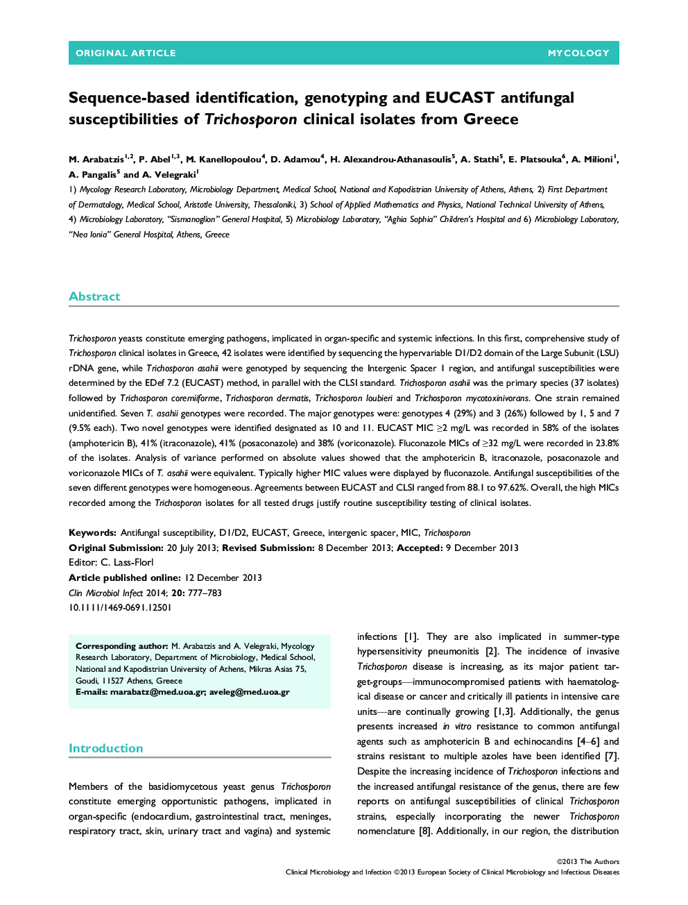 Sequence-based identification, genotyping and EUCAST antifungal susceptibilities of Trichosporon clinical isolates from Greece 