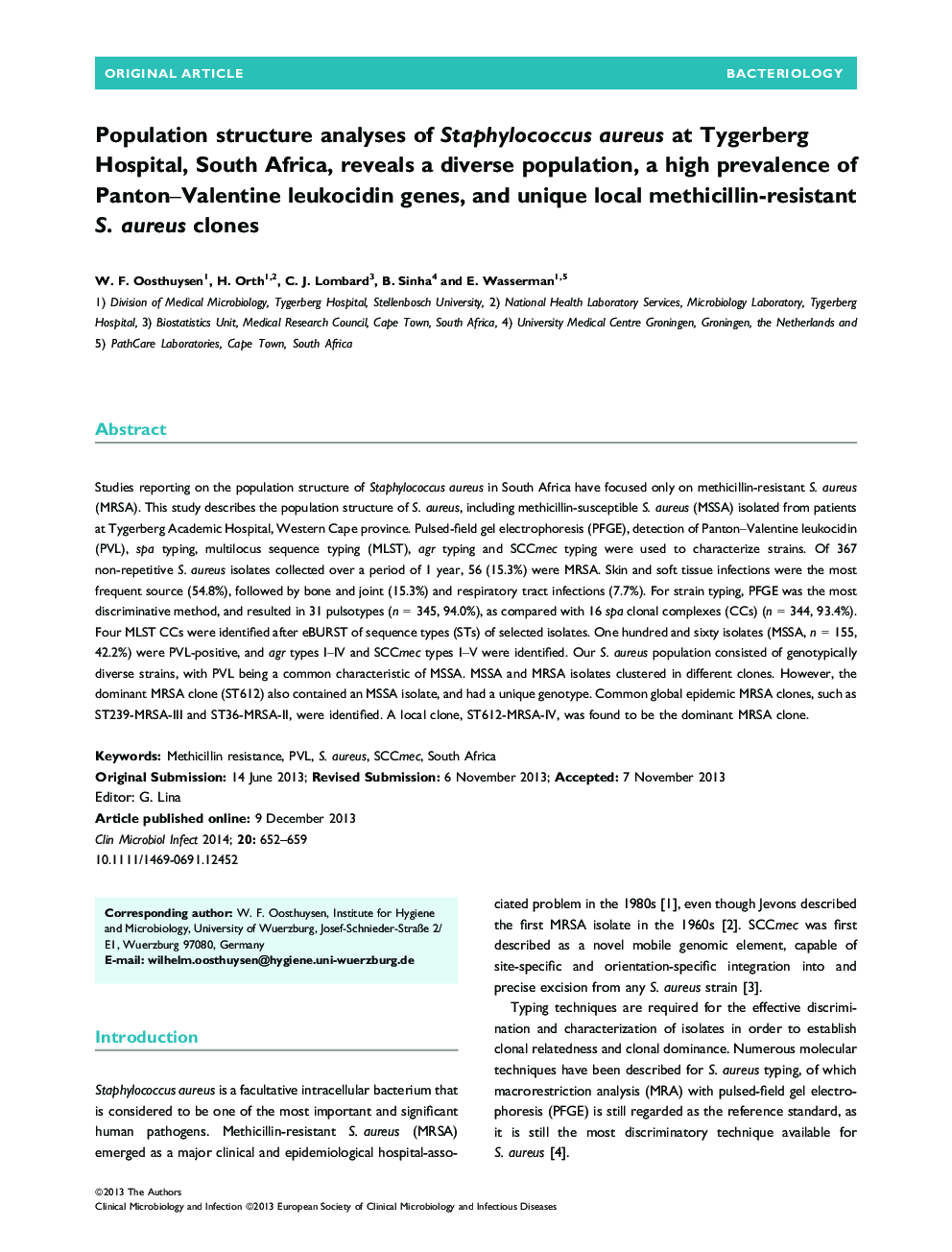 Population structure analyses of Staphylococcus aureus at Tygerberg Hospital, South Africa, reveals a diverse population, a high prevalence of Panton–Valentine leukocidin genes, and unique local methicillin-resistant S. aureus clones 