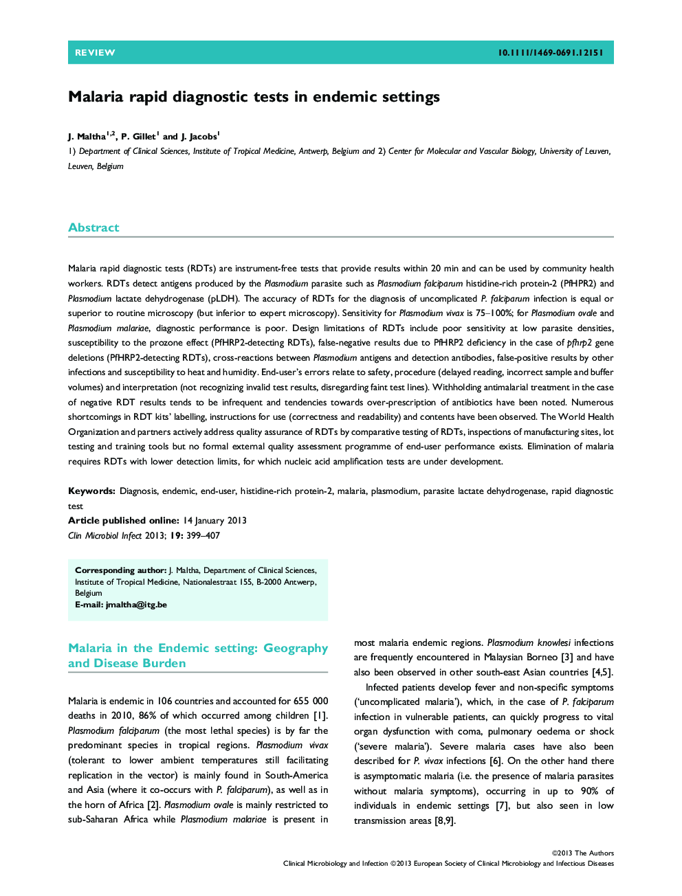 Malaria rapid diagnostic tests in endemic settings 