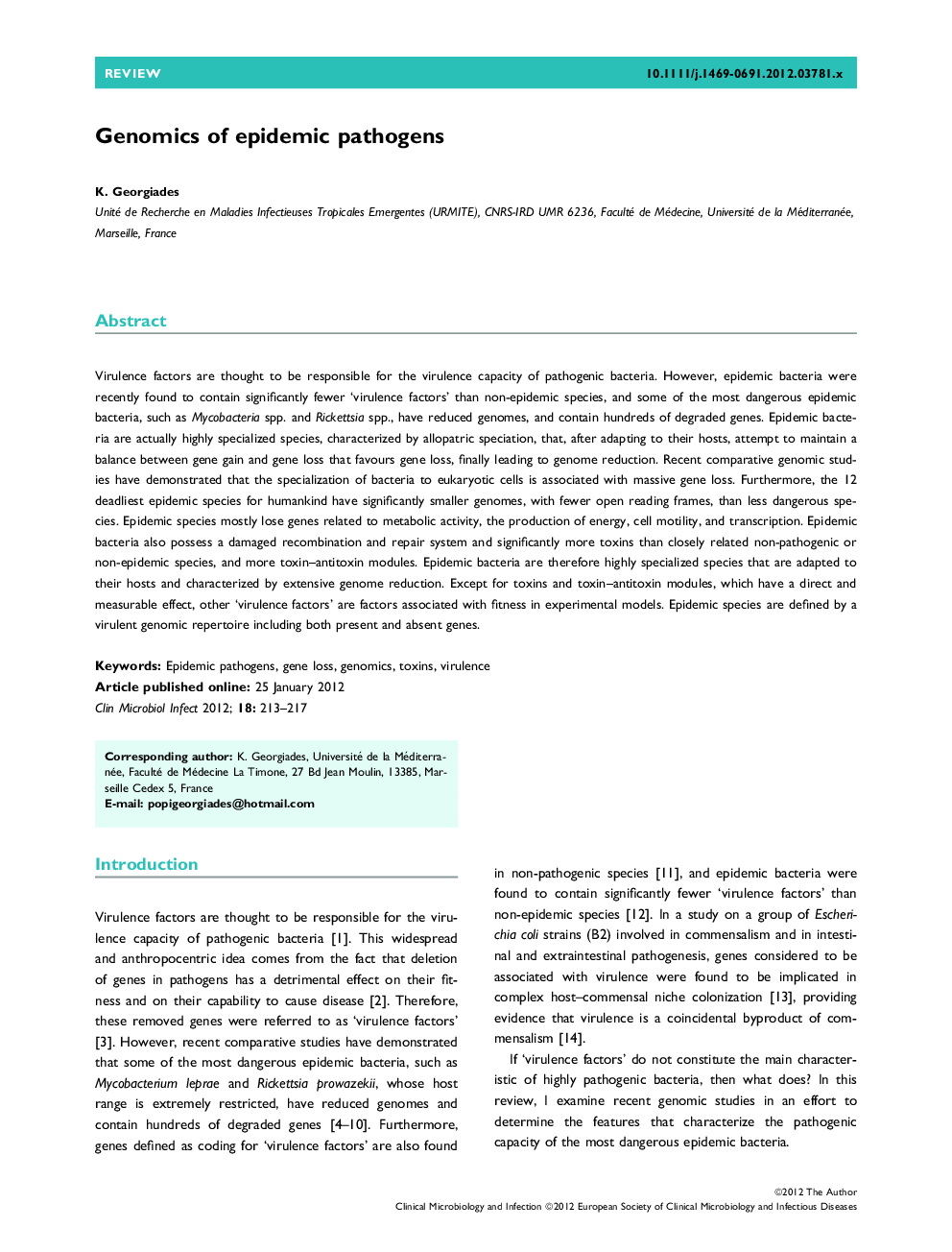 Genomics of epidemic pathogens 