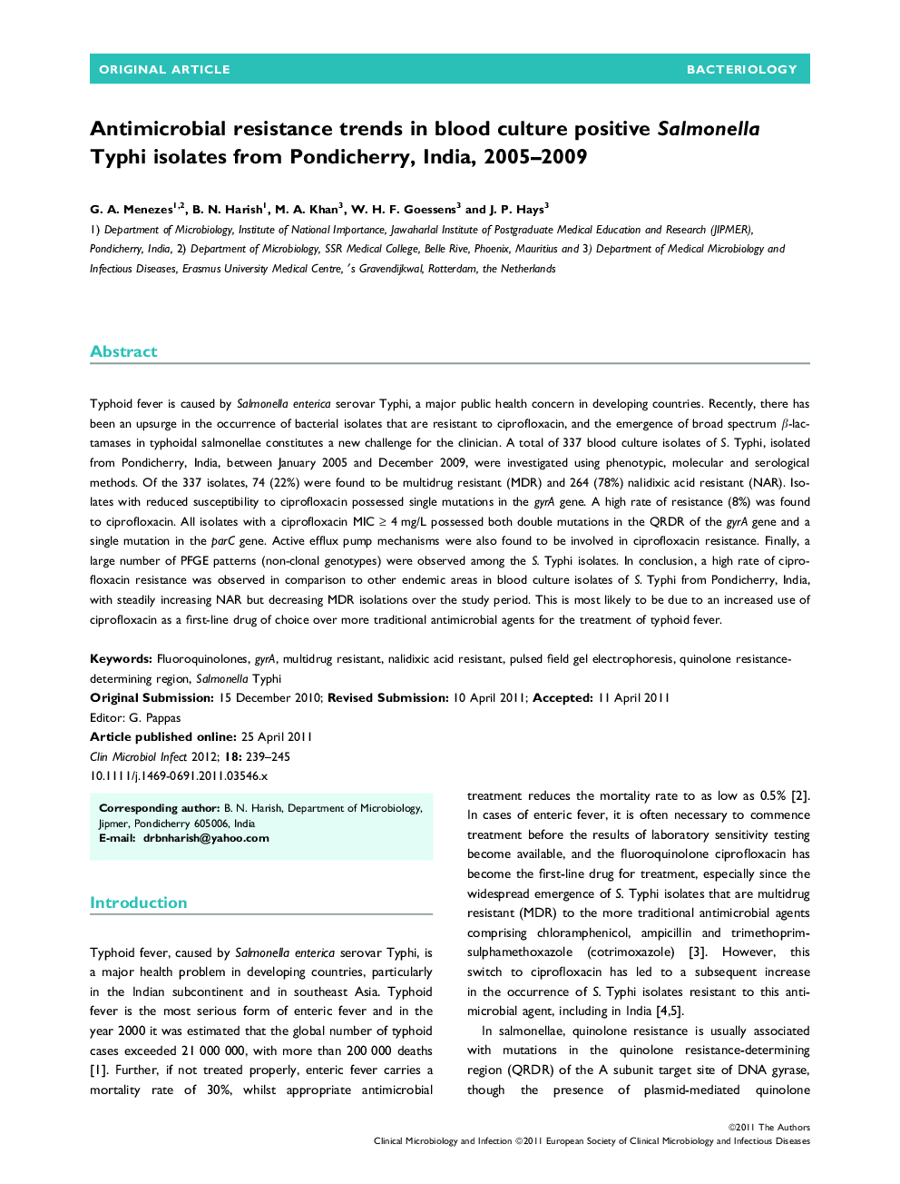 Antimicrobial resistance trends in blood culture positive Salmonella Typhi isolates from Pondicherry, India, 2005–2009 