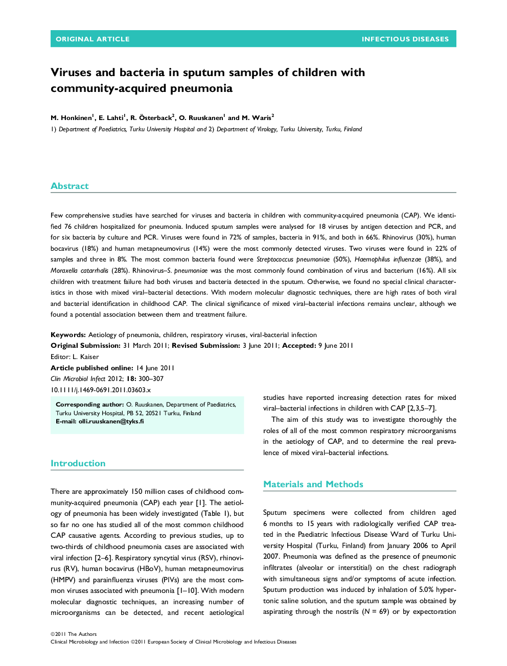 Viruses and bacteria in sputum samples of children with community-acquired pneumonia 