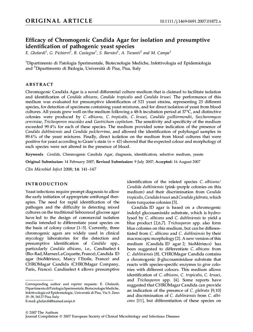 Efficacy of Chromogenic Candida Agar for isolation and presumptive identification of pathogenic yeast species