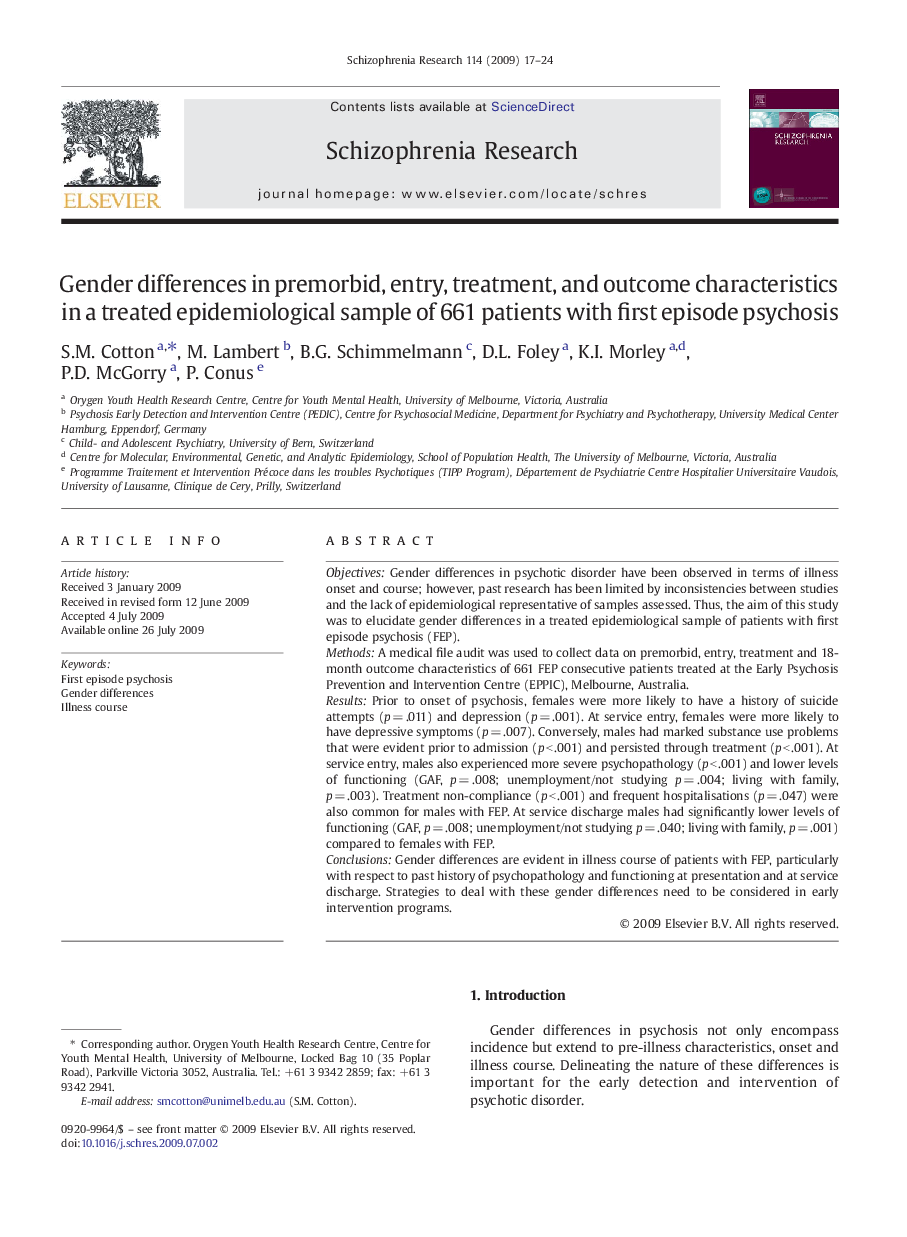 Gender differences in premorbid, entry, treatment, and outcome characteristics in a treated epidemiological sample of 661 patients with first episode psychosis