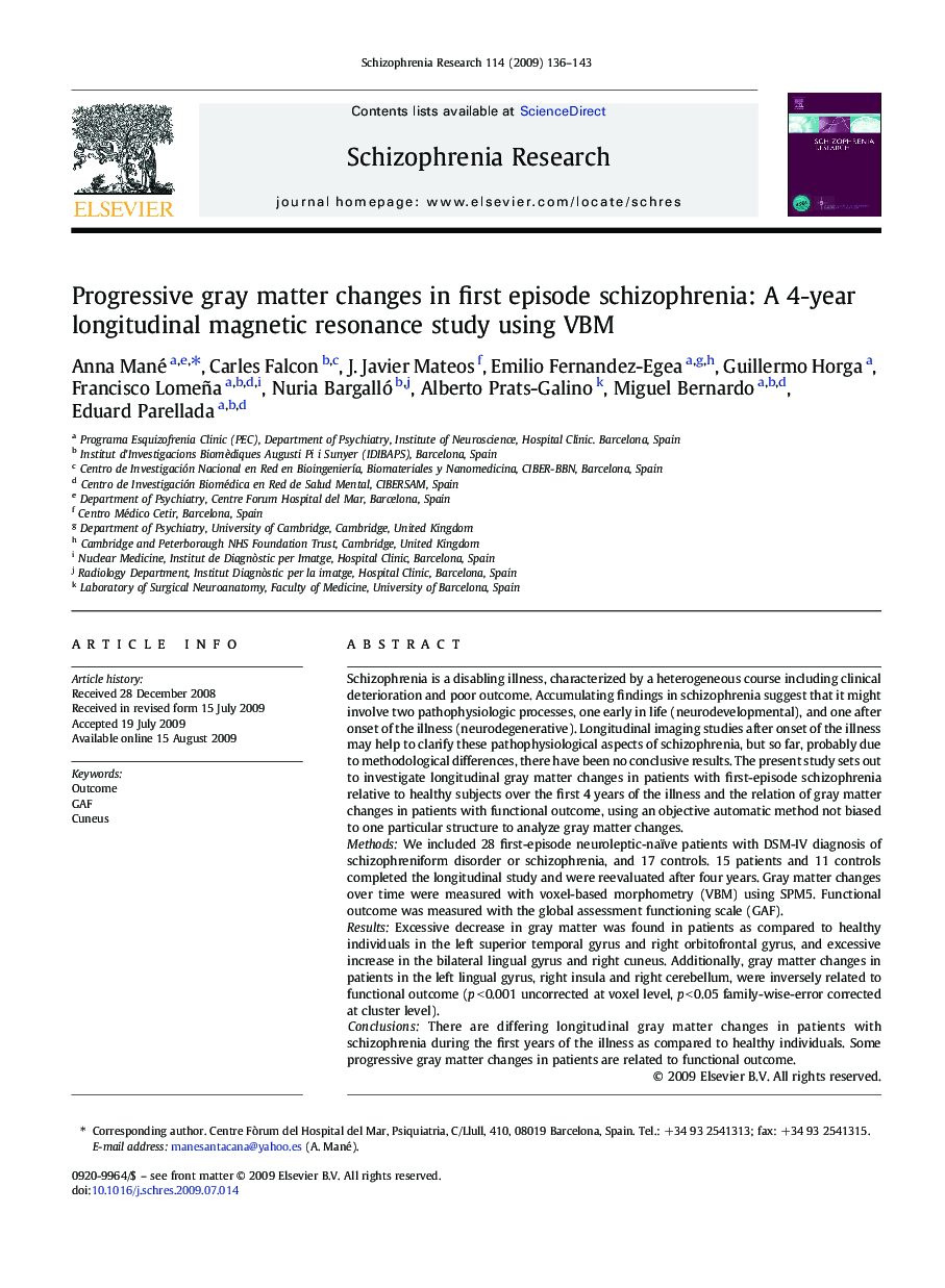 Progressive gray matter changes in first episode schizophrenia: A 4-year longitudinal magnetic resonance study using VBM