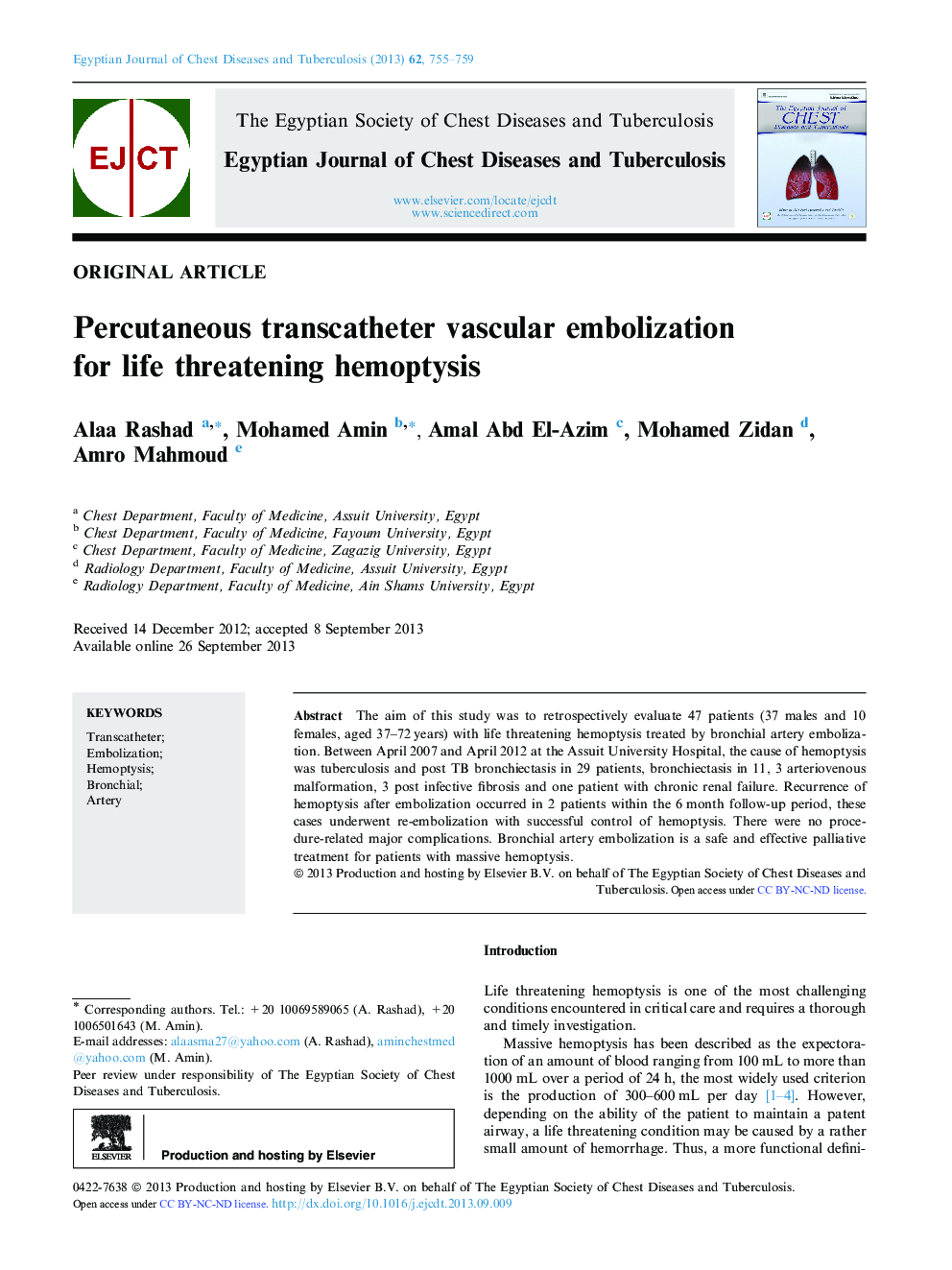 Percutaneous transcatheter vascular embolization for life threatening hemoptysis 
