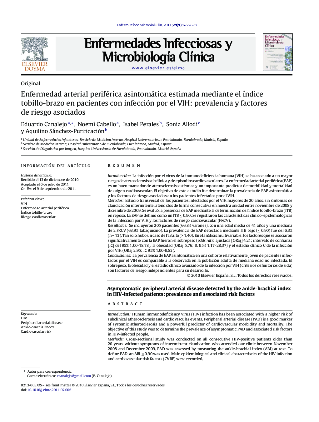 Enfermedad arterial periférica asintomática estimada mediante el índice tobillo-brazo en pacientes con infección por el VIH: prevalencia y factores de riesgo asociados