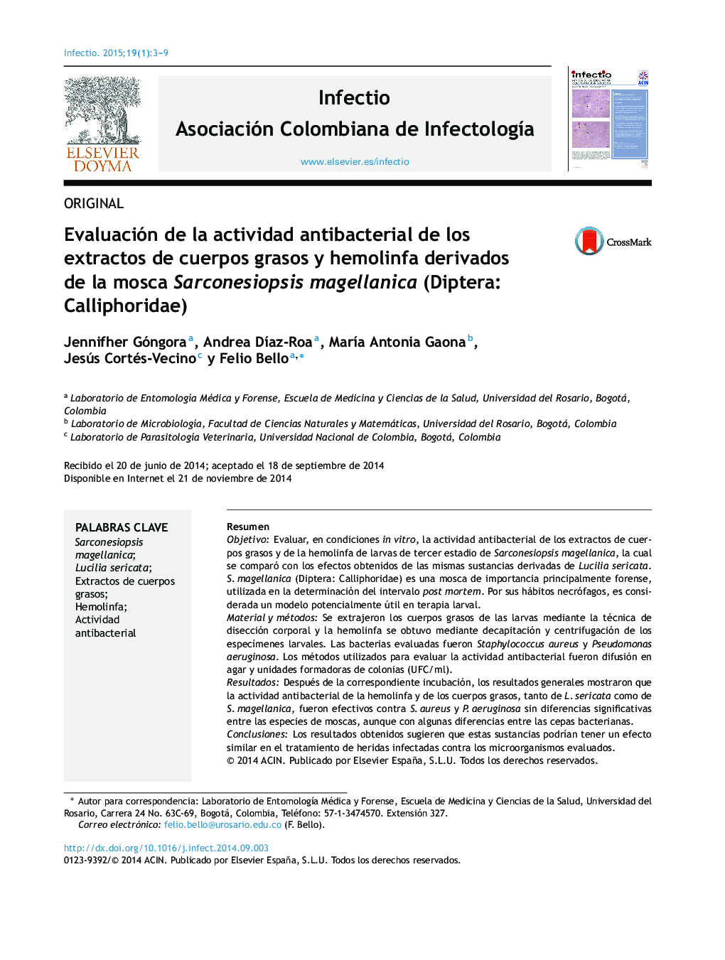 Evaluación de la actividad antibacterial de los extractos de cuerpos grasos y hemolinfa derivados de la mosca Sarconesiopsis magellanica (Diptera: Calliphoridae)
