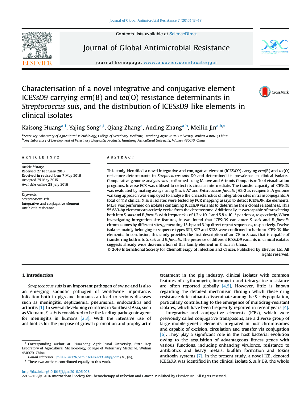 Characterisation of a novel integrative and conjugative element ICESsD9 carrying erm(B) and tet(O) resistance determinants in Streptococcus suis, and the distribution of ICESsD9-like elements in clinical isolates