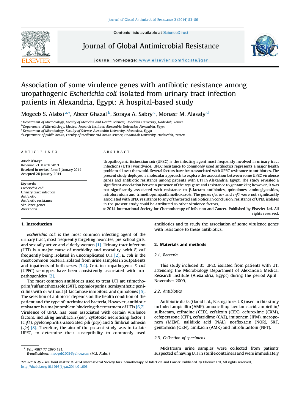 ارتباط برخی از ژن های ویروسی با مقاومت آنتی بیوتیک اشرشیا کولی اوروپاتوژنیک جدا شده از بیماران مبتلا به عفونت ادراری در اسکندریه، مصر: یک مطالعه مبتنی بر بیمارستان 