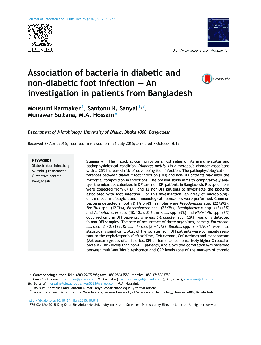 ارتباط باکتری ها در عفونت پای دیابتی و غیردیابتی؛ بررسی در بیماران از بنگلادش