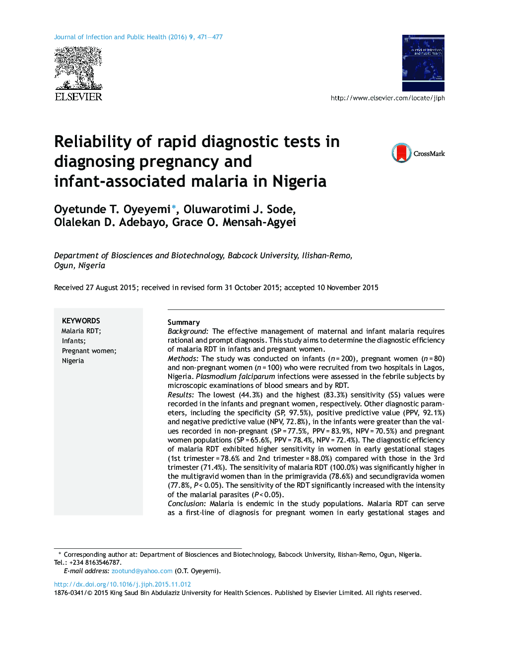 قابلیت اطمینان آزمایش های تشخیصی سریع در تشخیص حاملگی و مالاریای مرتبط با نوزاد در نیجریه