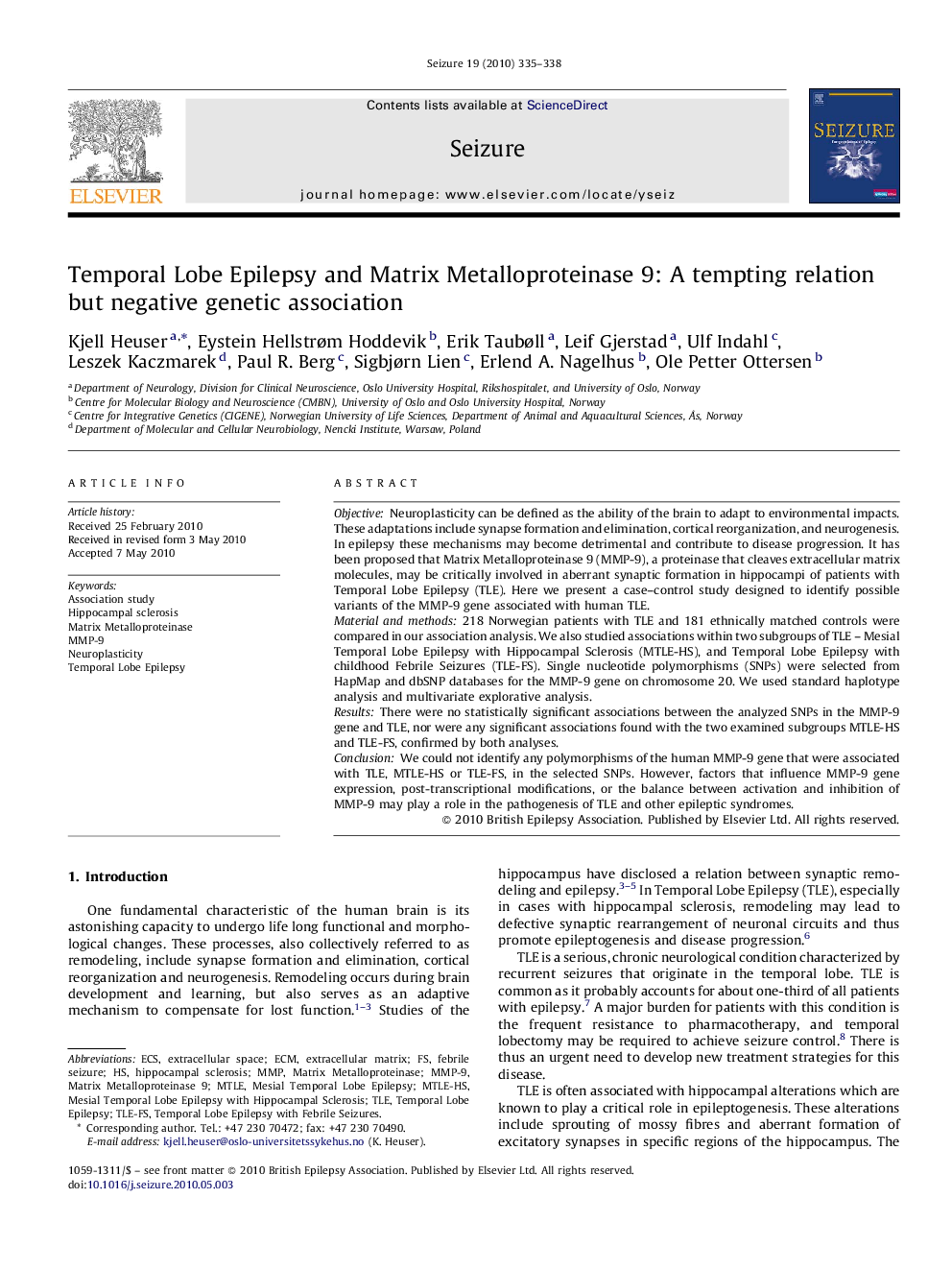 Temporal Lobe Epilepsy and Matrix Metalloproteinase 9: A tempting relation but negative genetic association