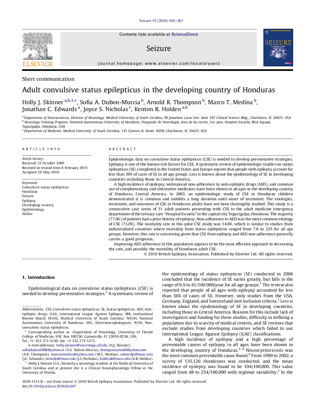 Adult convulsive status epilepticus in the developing country of Honduras