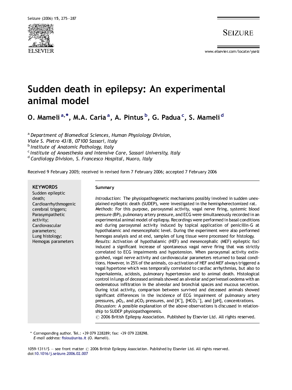Sudden death in epilepsy: An experimental animal model