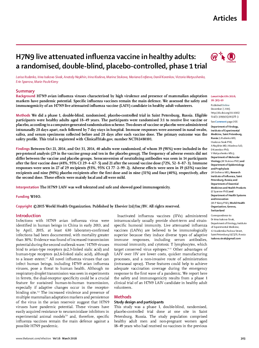 H7N9 live attenuated influenza vaccine in healthy adults: a randomised, double-blind, placebo-controlled, phase 1 trial