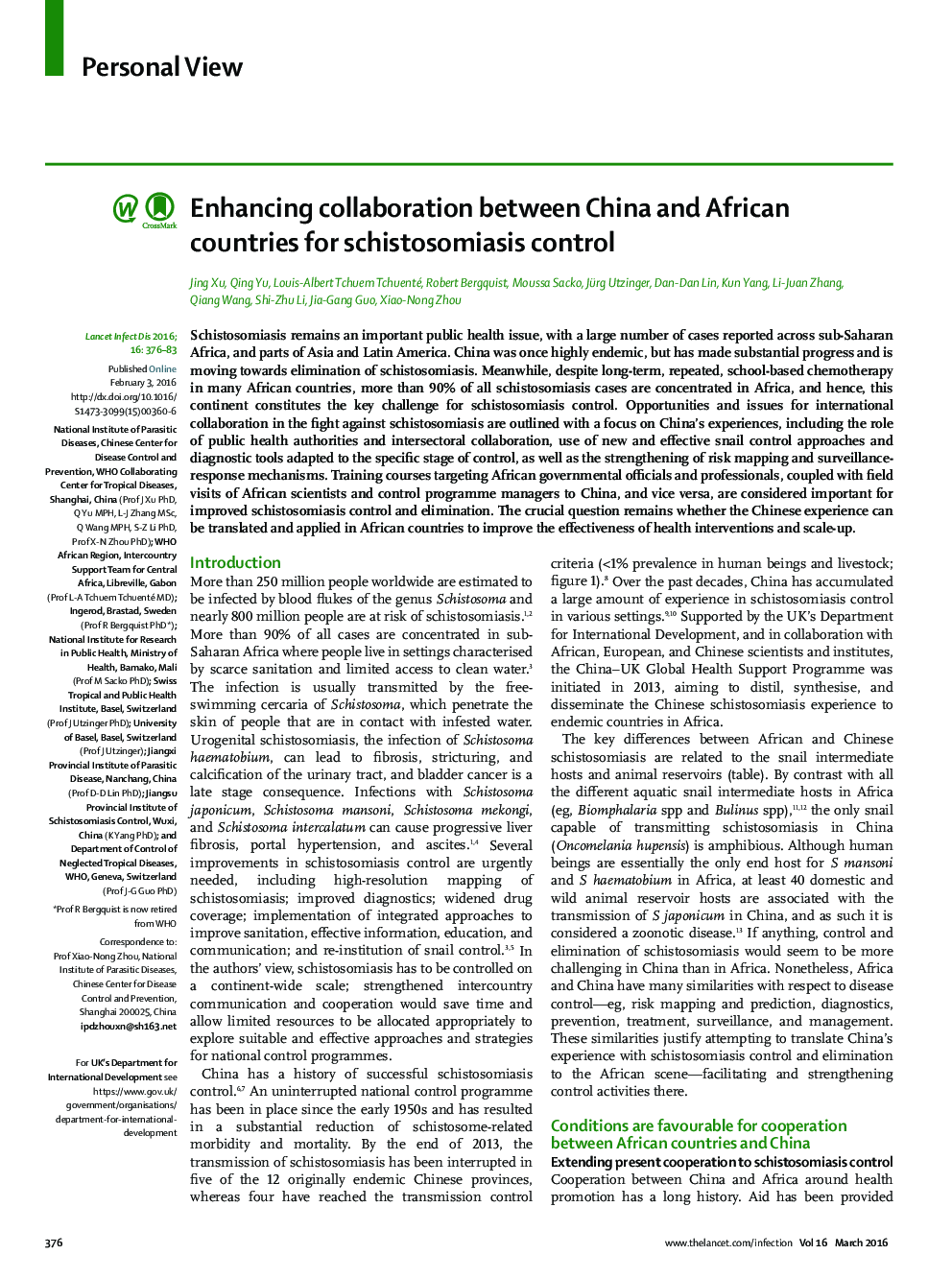 تقویت همکاری بین چین و کشورهای آفریقایی برای کنترل شیستوزومیازیس 