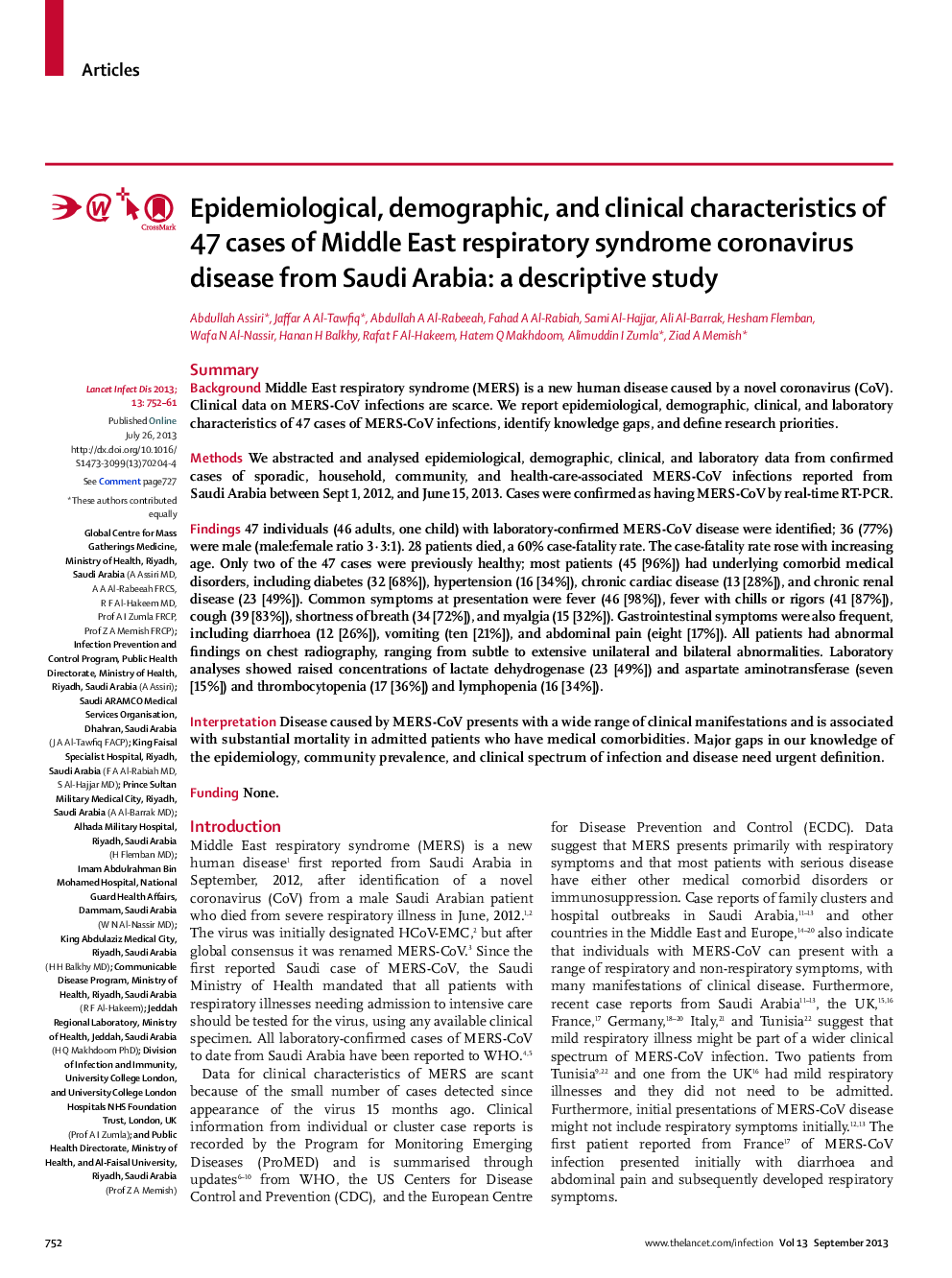 Epidemiological, demographic, and clinical characteristics of 47 cases of Middle East respiratory syndrome coronavirus disease from Saudi Arabia: a descriptive study