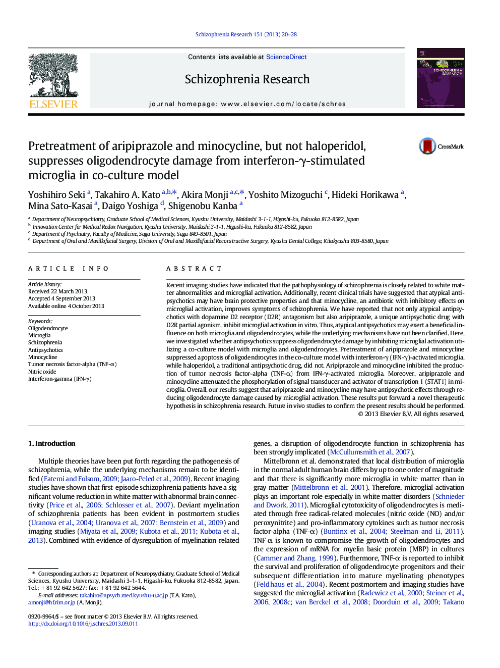 Pretreatment of aripiprazole and minocycline, but not haloperidol, suppresses oligodendrocyte damage from interferon-γ-stimulated microglia in co-culture model