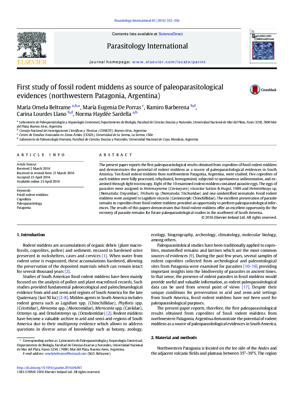 مطالعه اولی از موزن فسیل میدن به عنوان منبع شواهد پائولوپاراسیتولوژیک (شمال غربی پاتاگونیا، آرژانتین) 