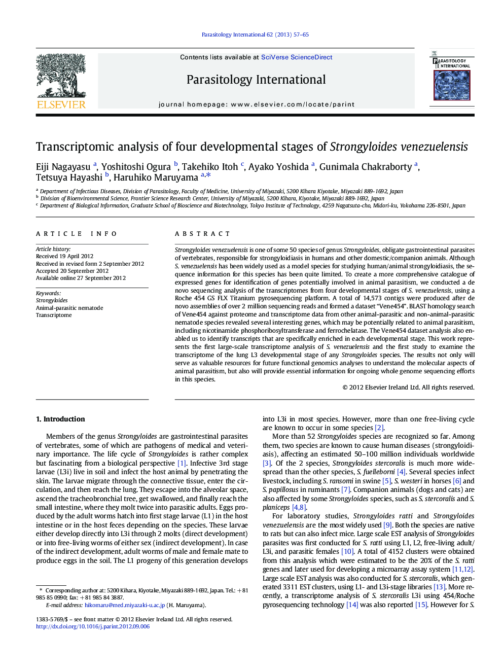 Transcriptomic analysis of four developmental stages of Strongyloides venezuelensis