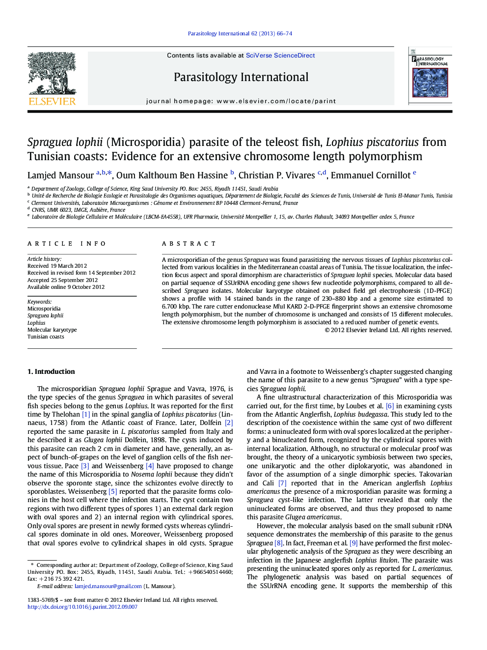 Spraguea lophii (Microsporidia) parasite of the teleost fish, Lophius piscatorius from Tunisian coasts: Evidence for an extensive chromosome length polymorphism