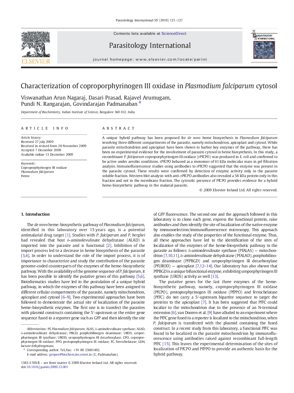 Characterization of coproporphyrinogen III oxidase in Plasmodium falciparum cytosol