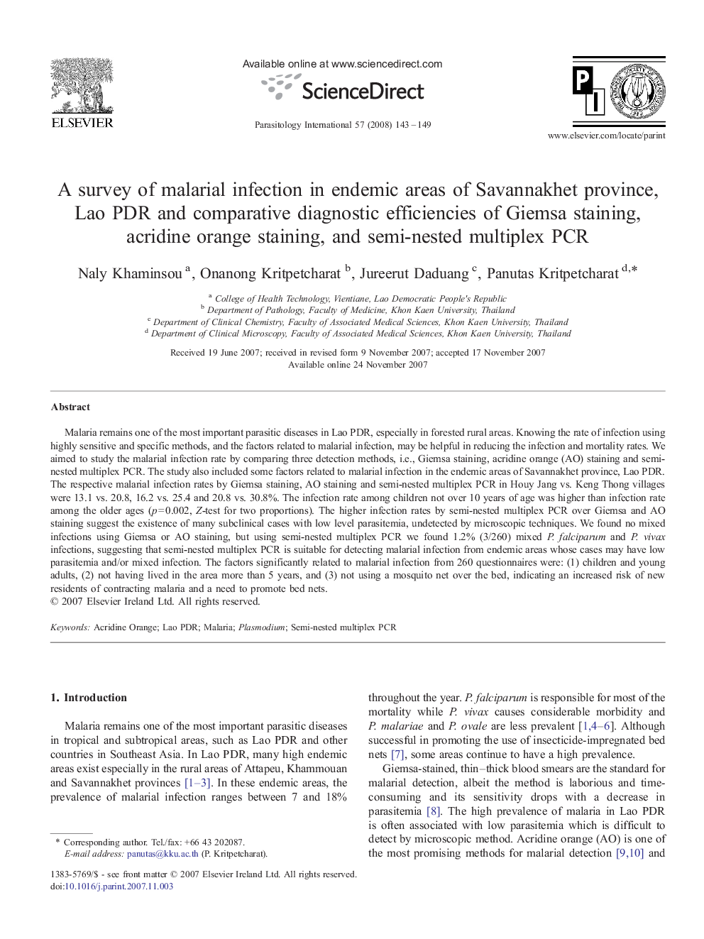 A survey of malarial infection in endemic areas of Savannakhet province, Lao PDR and comparative diagnostic efficiencies of Giemsa staining, acridine orange staining, and semi-nested multiplex PCR