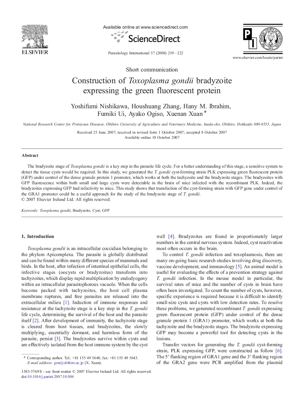 Construction of Toxoplasma gondii bradyzoite expressing the green fluorescent protein