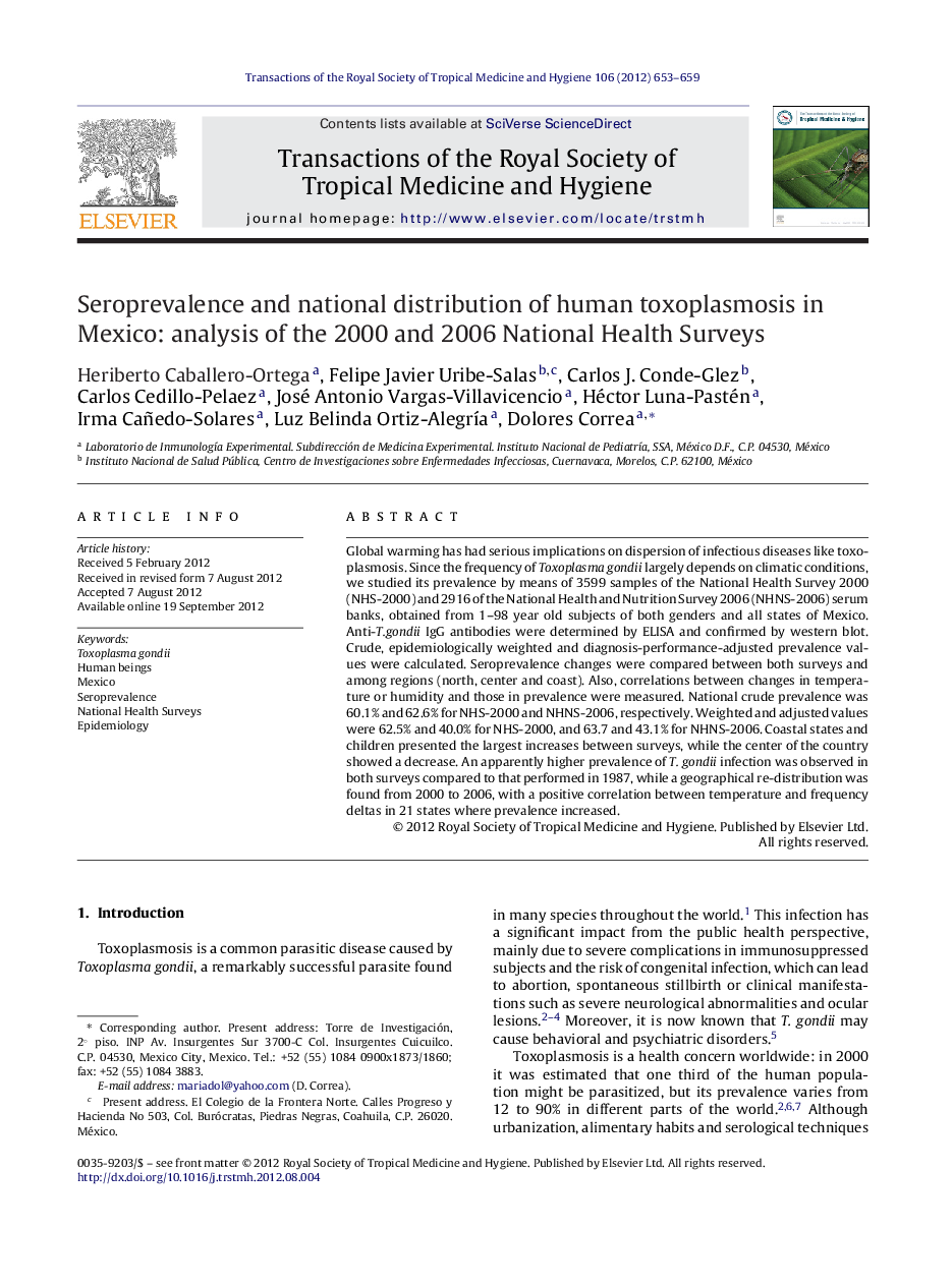 Seroprevalence and national distribution of human toxoplasmosis in Mexico: analysis of the 2000 and 2006 National Health Surveys