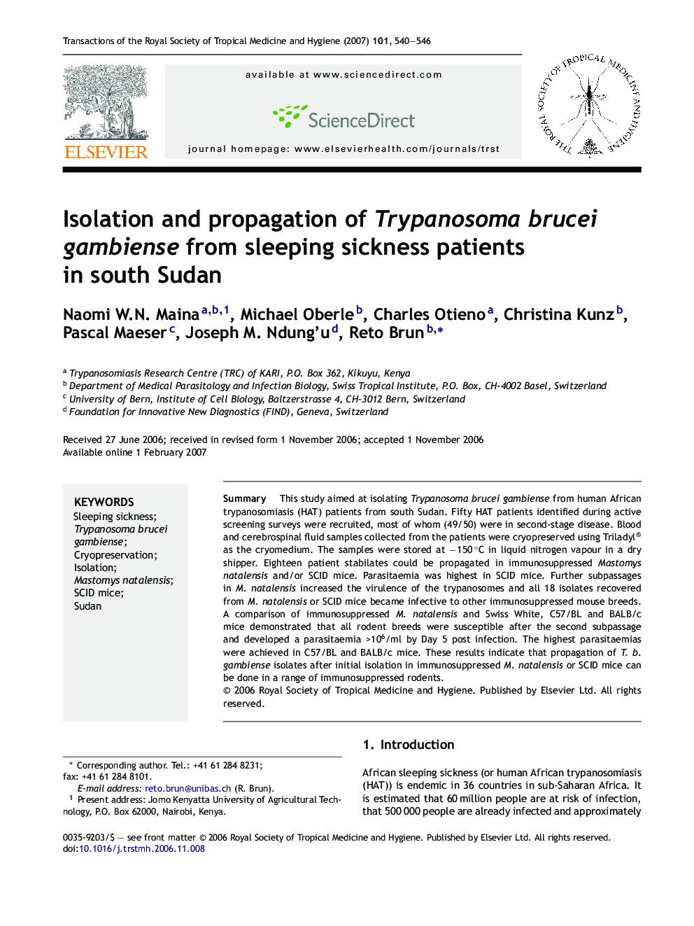 Isolation and propagation of Trypanosoma brucei gambiense from sleeping sickness patients in south Sudan