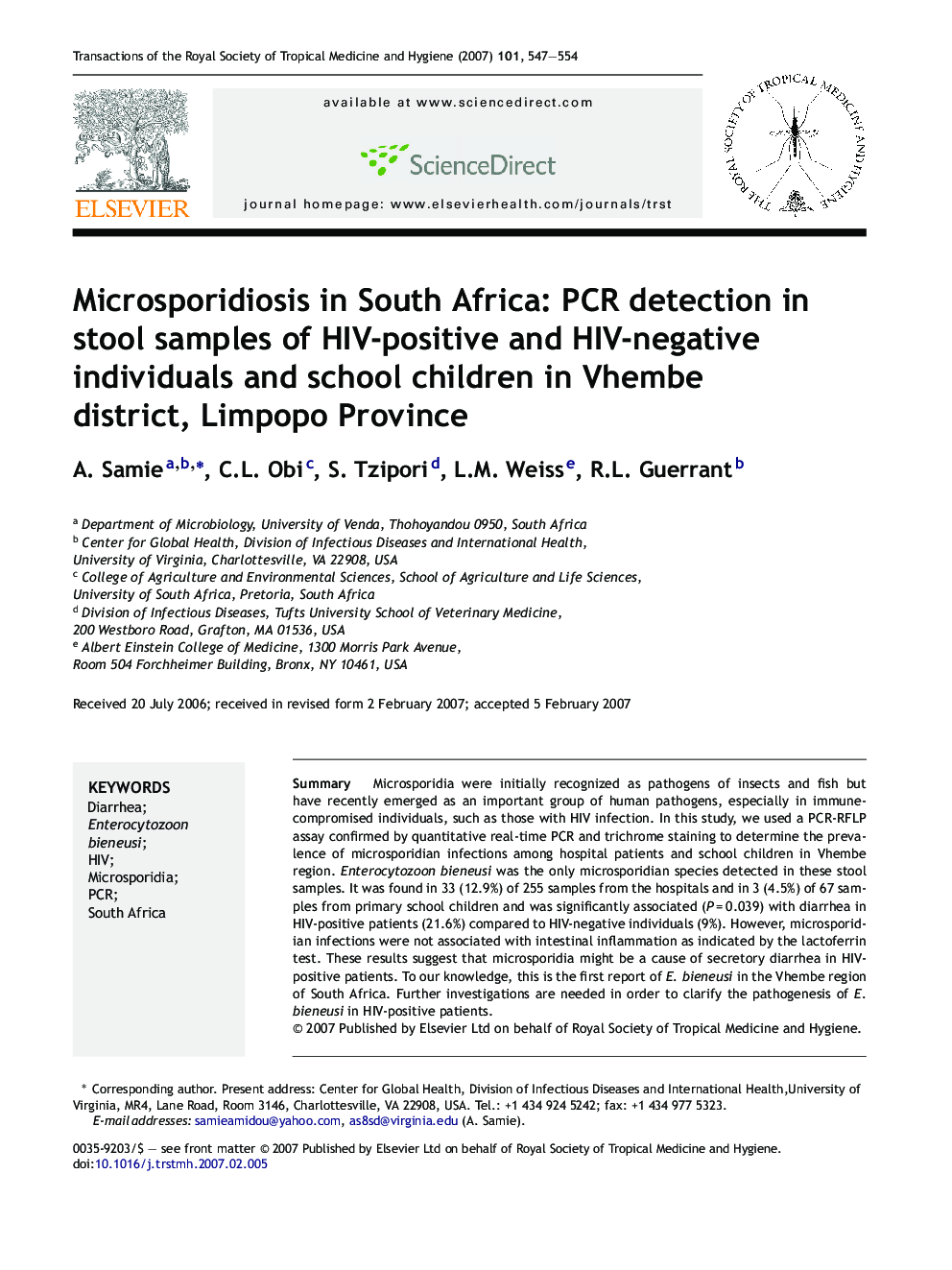 Microsporidiosis in South Africa: PCR detection in stool samples of HIV-positive and HIV-negative individuals and school children in Vhembe district, Limpopo Province