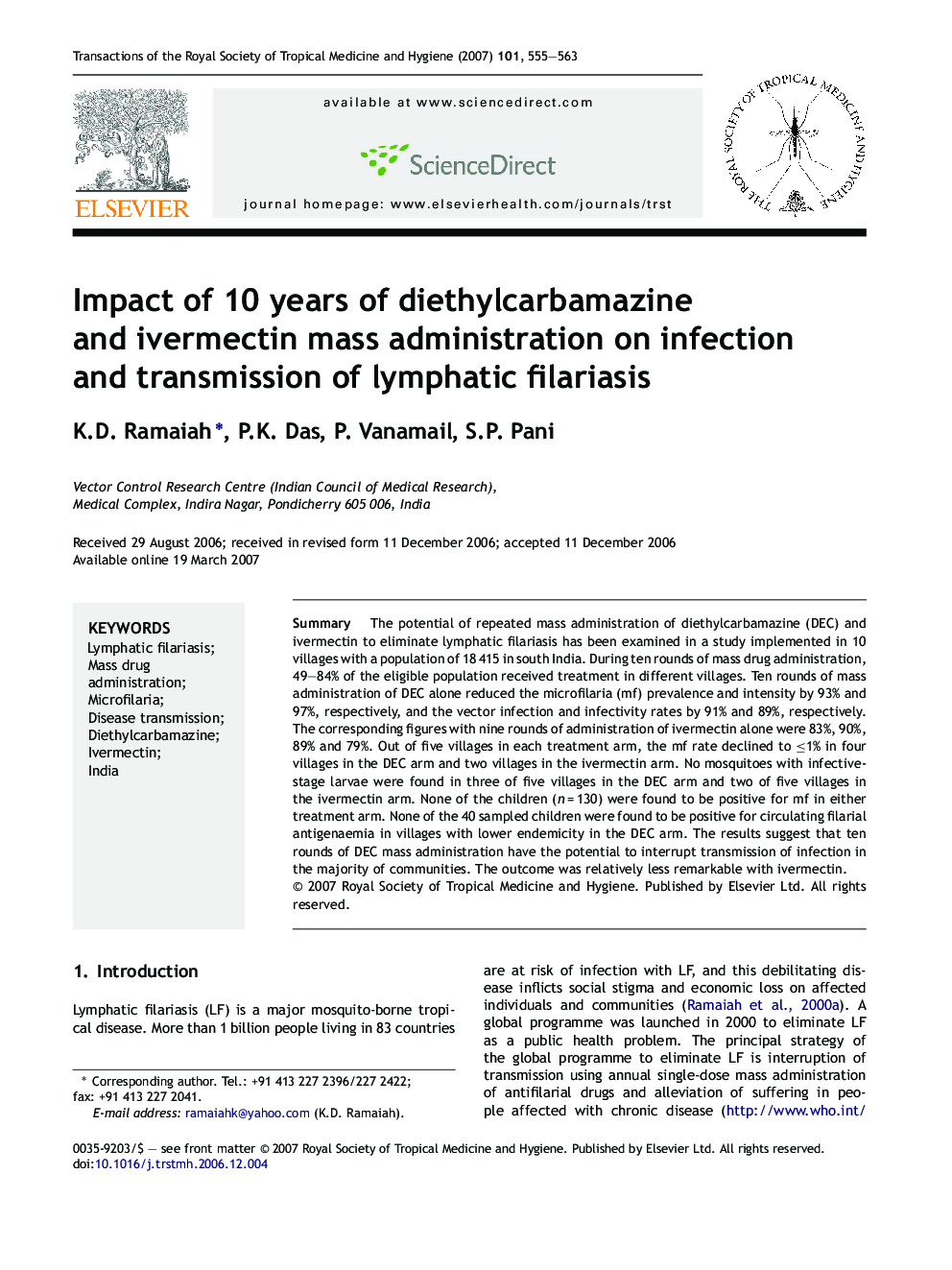 Impact of 10 years of diethylcarbamazine and ivermectin mass administration on infection and transmission of lymphatic filariasis