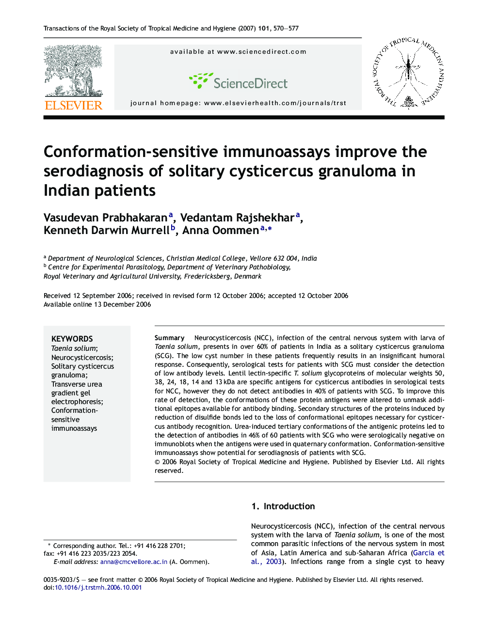 Conformation-sensitive immunoassays improve the serodiagnosis of solitary cysticercus granuloma in Indian patients