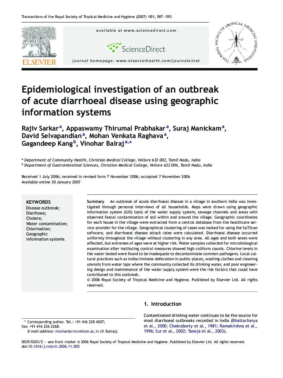 Epidemiological investigation of an outbreak of acute diarrhoeal disease using geographic information systems