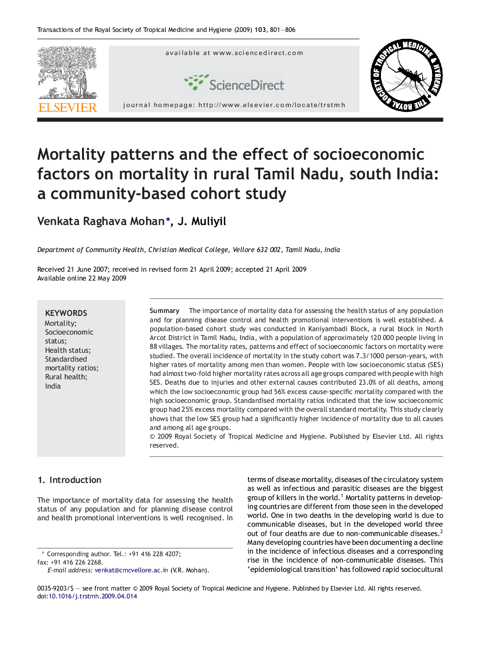 Mortality patterns and the effect of socioeconomic factors on mortality in rural Tamil Nadu, south India: a community-based cohort study