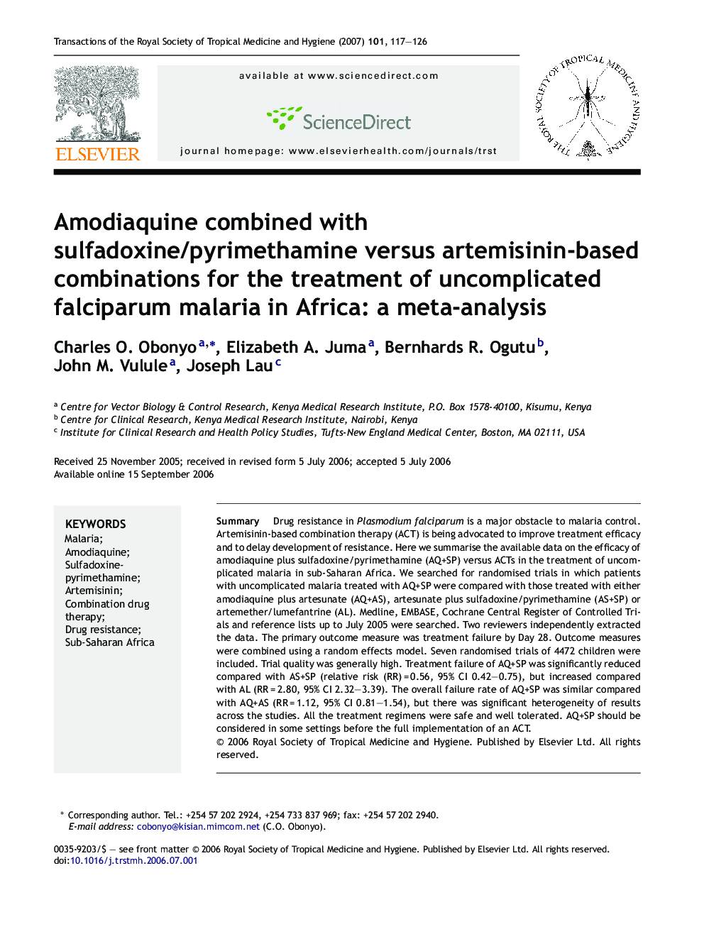 Amodiaquine combined with sulfadoxine/pyrimethamine versus artemisinin-based combinations for the treatment of uncomplicated falciparum malaria in Africa: a meta-analysis