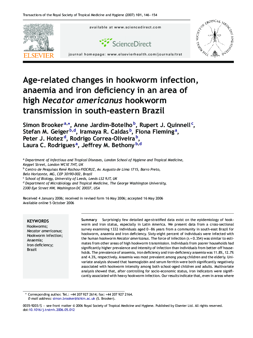 Age-related changes in hookworm infection, anaemia and iron deficiency in an area of high Necator americanus hookworm transmission in south-eastern Brazil
