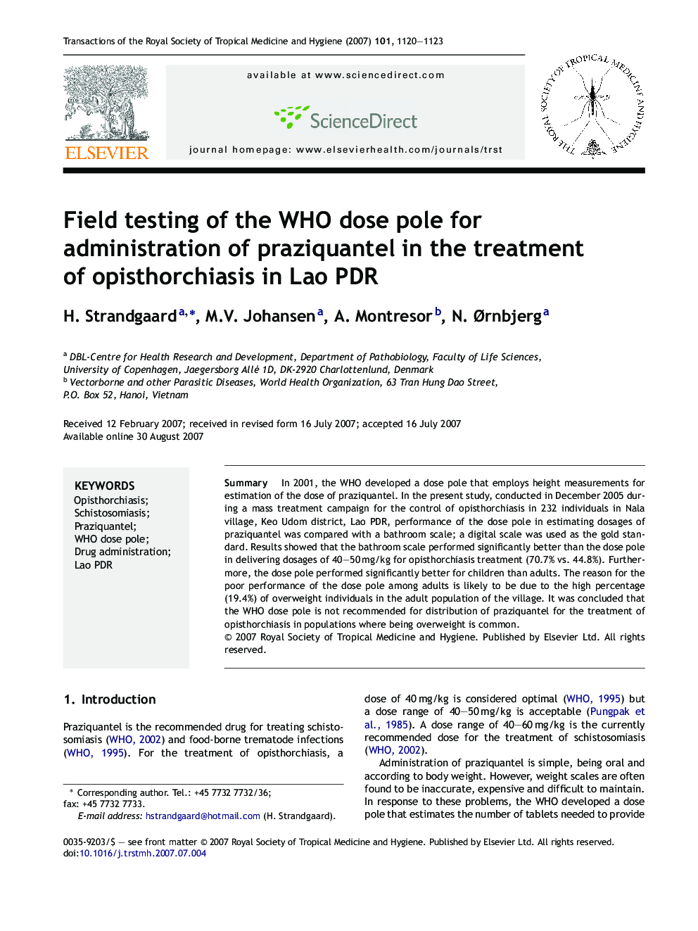 Field testing of the WHO dose pole for administration of praziquantel in the treatment of opisthorchiasis in Lao PDR