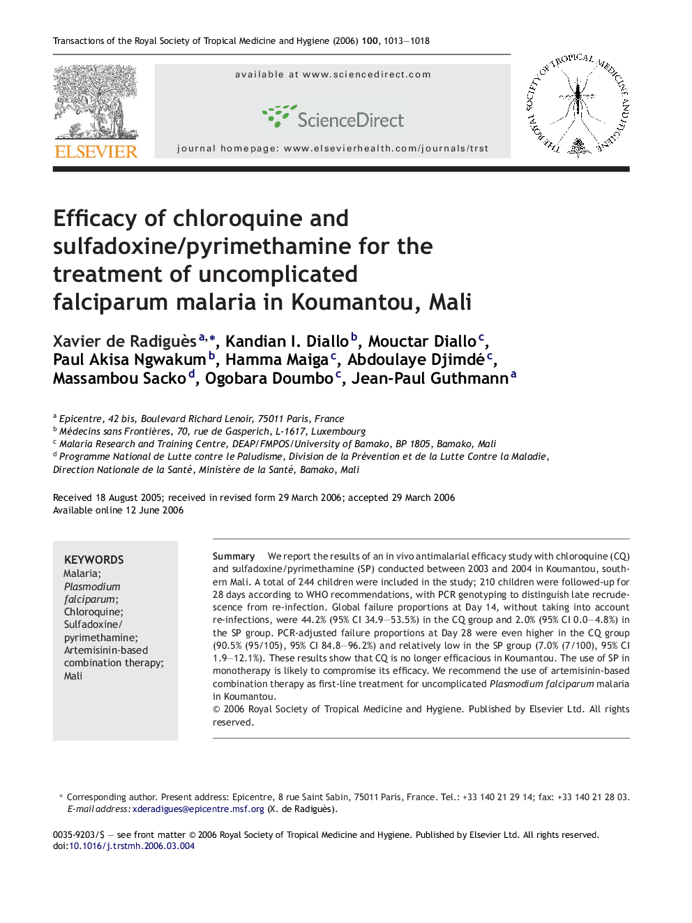 Efficacy of chloroquine and sulfadoxine/pyrimethamine for the treatment of uncomplicated falciparum malaria in Koumantou, Mali