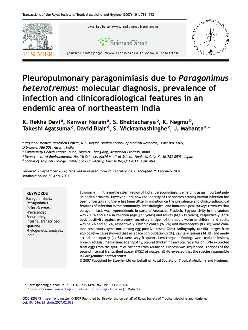 Pleuropulmonary paragonimiasis due to Paragonimus heterotremus: molecular diagnosis, prevalence of infection and clinicoradiological features in an endemic area of northeastern India