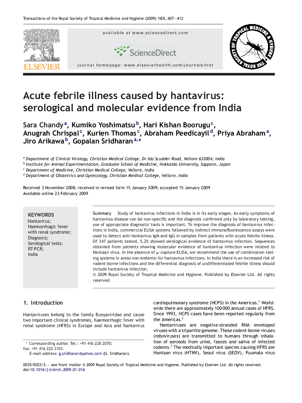 Acute febrile illness caused by hantavirus: serological and molecular evidence from India