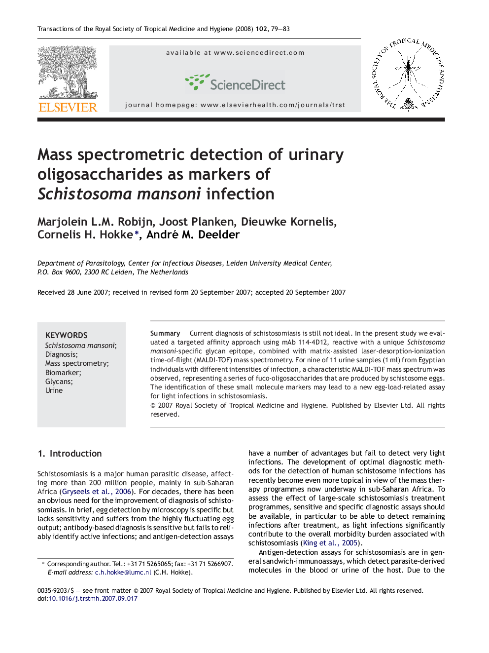 Mass spectrometric detection of urinary oligosaccharides as markers of Schistosoma mansoni infection
