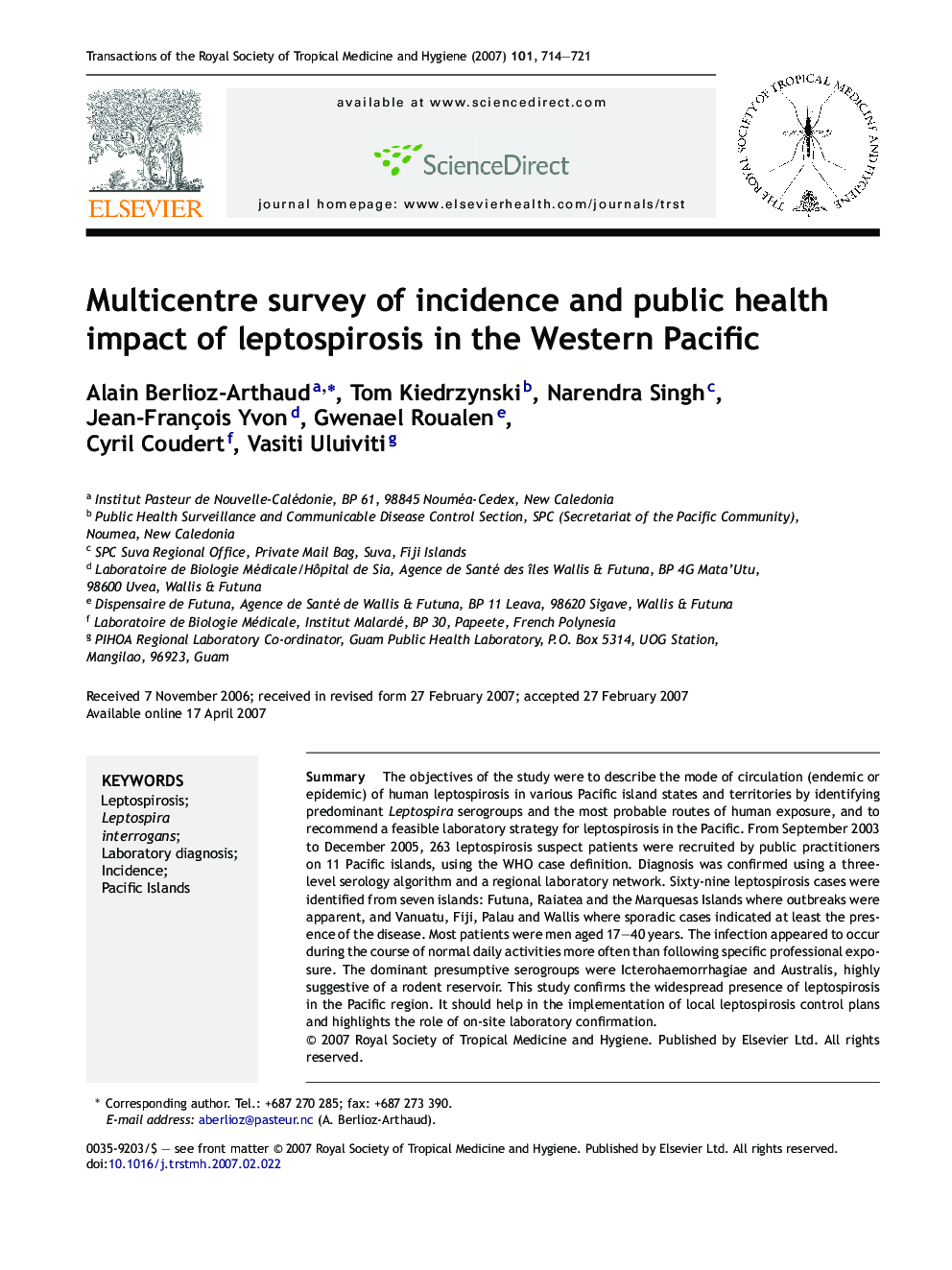Multicentre survey of incidence and public health impact of leptospirosis in the Western Pacific