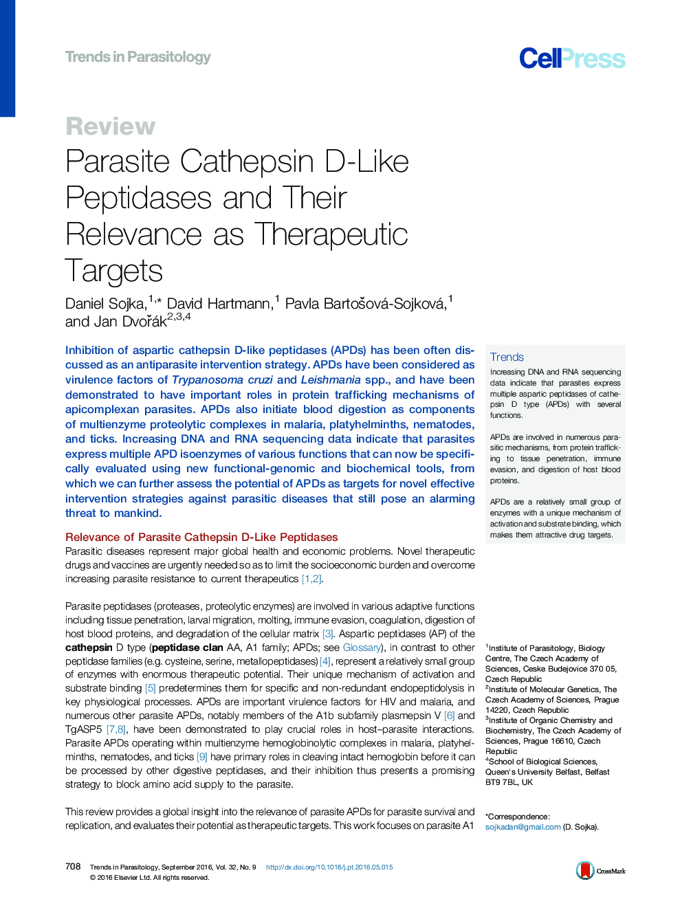 Parasite Cathepsin D-Like Peptidases and Their Relevance as Therapeutic Targets