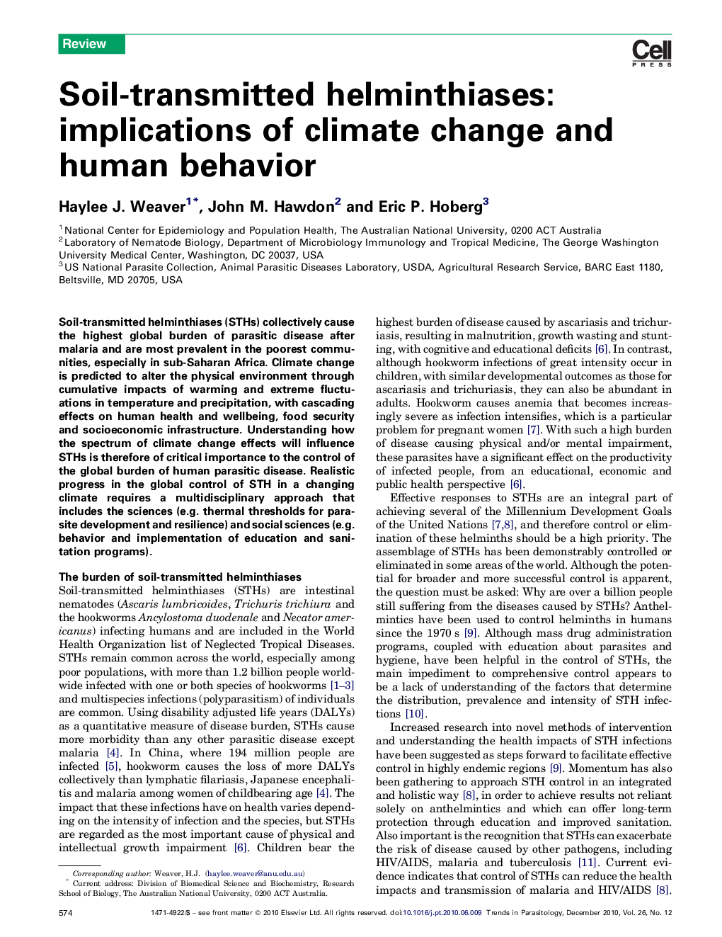 Soil-transmitted helminthiases: implications of climate change and human behavior