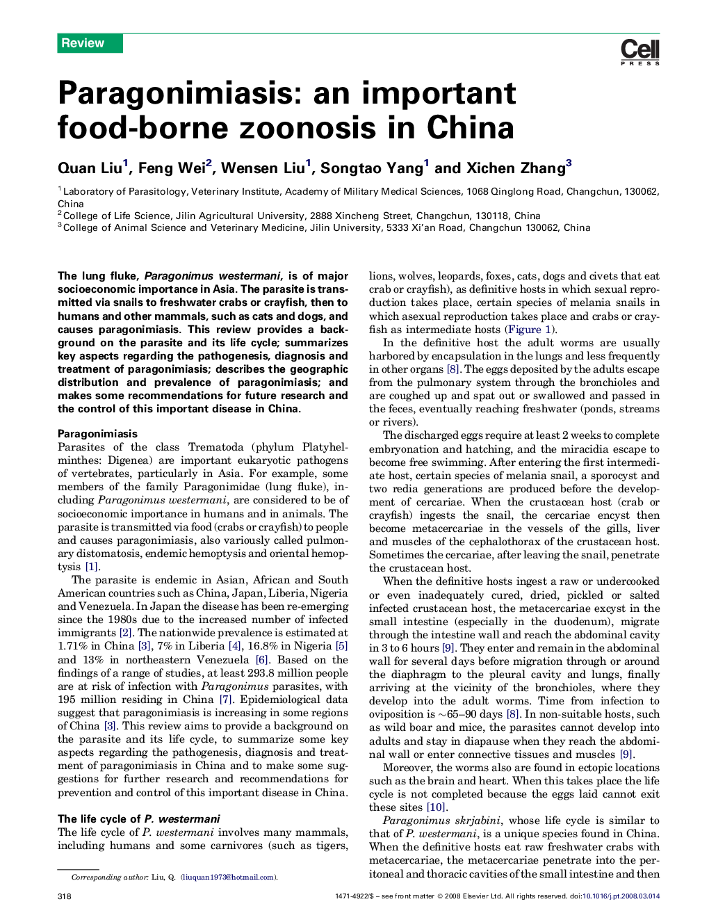 Paragonimiasis: an important food-borne zoonosis in China