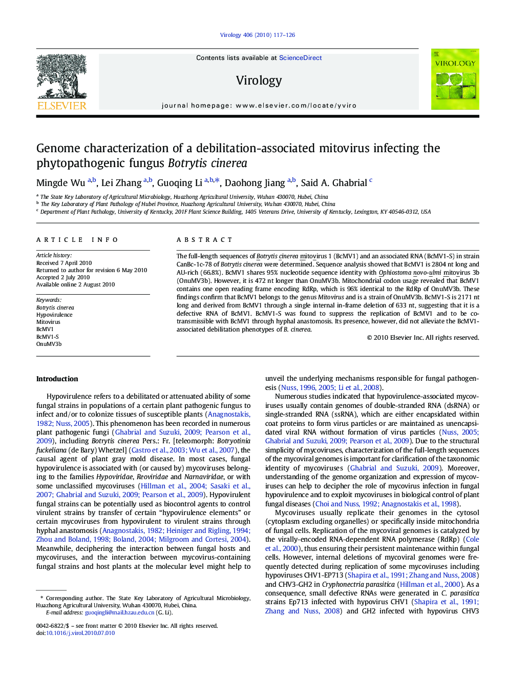 Genome characterization of a debilitation-associated mitovirus infecting the phytopathogenic fungus Botrytis cinerea