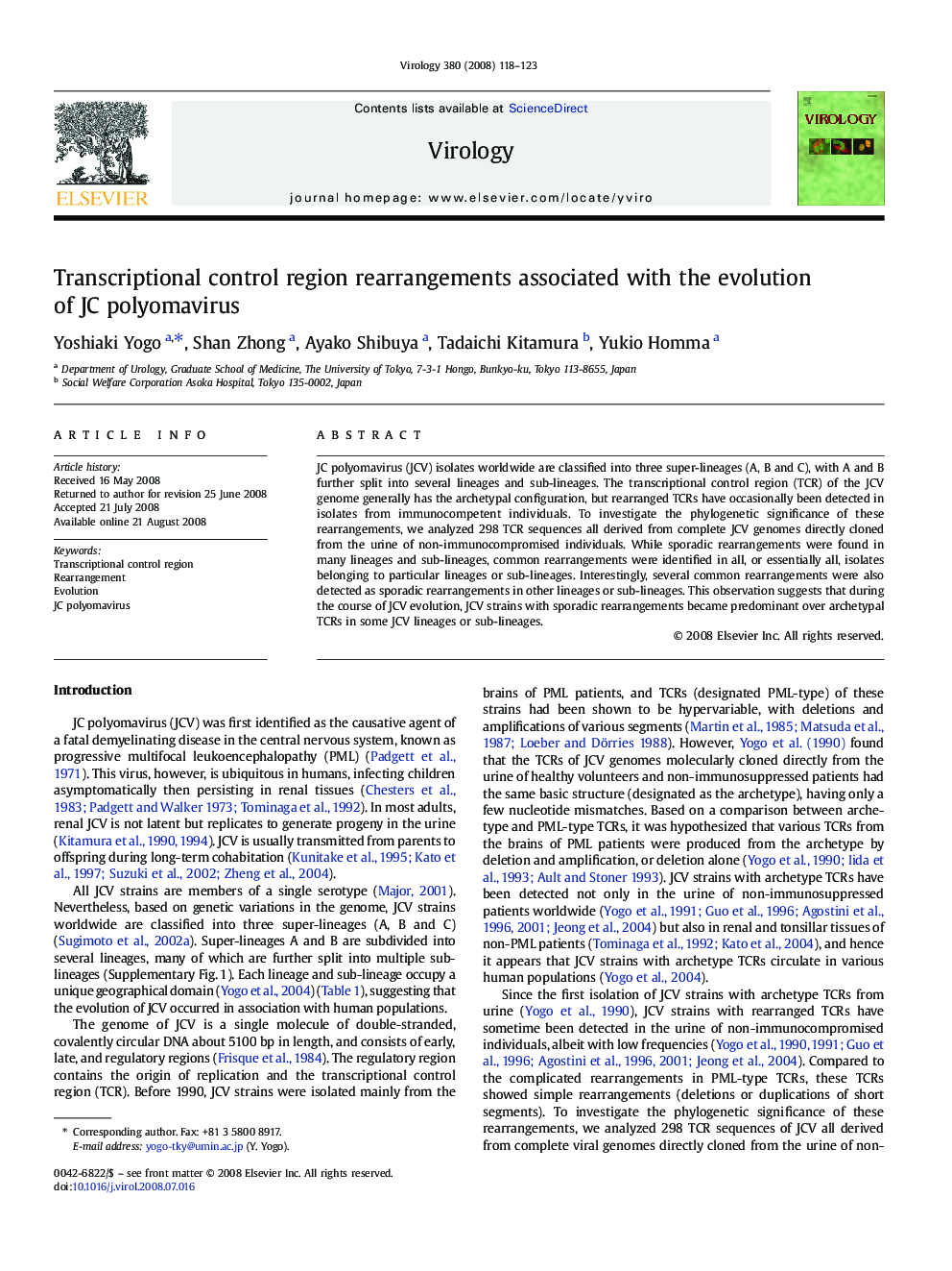 Transcriptional control region rearrangements associated with the evolution of JC polyomavirus